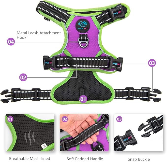 PHOEPET 2019 No Pull Dog Harness Medium Reflective Front Clip Vest with Handle,Adjustable 2 Metal Rings 3 Buckles,[Easy to Put on &amp; Take Off](M, Purple)