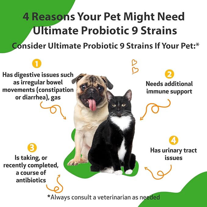 Pet Wellbeing Ultimate Probiotic 9 Strains for Dogs &amp; Cats - Supports The Gut Microbiome and Digestion, Immune System Care, Urinary Tract Health, FOS, 2.5 Billion CFU - 11.29 oz (320 g) Powder