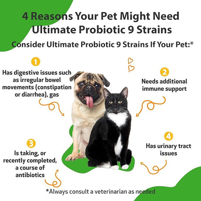 Pet Wellbeing Ultimate Probiotic 9 Strains for Dogs &amp; Cats - Supports The Gut Microbiome and Digestion, Immune System Care, Urinary Tract Health, FOS, 2.5 Billion CFU - 11.29 oz (320 g) Powder