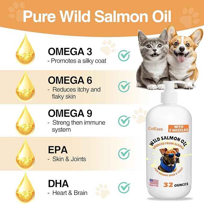 Salmon Oil for Dogs, Fish Oil for Cats, 32oz Salmon Oil for Dogs Skin and Coat Fish Oil Supplements with Vitamin D, EPA + DHA for Itchy Relief, Immune Support for Joints &amp; Heart, Dry Skin &amp; Allergies