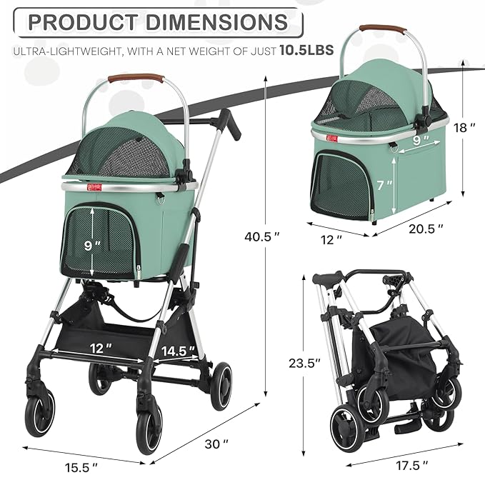 MoNiBloom Pet Stroller for Small/Medium Dogs w/Detachable Carrier &amp; Lightweight Aluminum Frame, Folding Jogging Travel Stroller, Mint Green