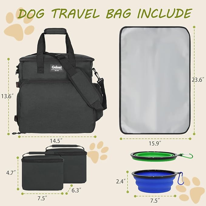 Dog Travel Bag Airline Approved–Pet Travel Tote with Collapsible Bowls,Food Containers &amp; Feeding Mat–Multi-Pocket Organizer for Dogs &amp; Cats, Durable &amp; Water-Resistant for Hiking,Trips,Outdoors