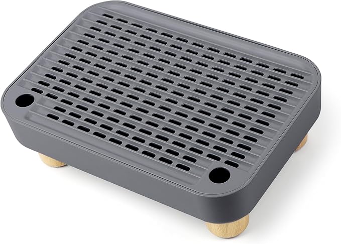 Cat Litter Box Step Ramp, Cat Litter Catcher Mat with Wooden Feet, Filter Function, Cat Pedal Stool for Self-Cleaning Cat Litter Box, Ideal for Kitten &amp; Elderly Cats (Dark Grey)