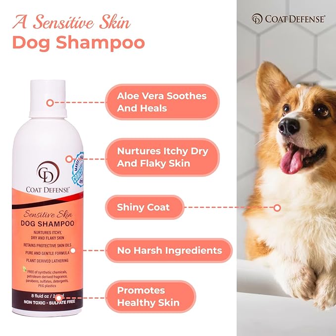 COAT DEFENSE Sensitive Dogs Shampoo | Made in USA | All-Natural Hypoallergenic - Soothes and Relieves Itchy &amp; Dry Skin | 8 Ounces Concentrated Makes 32 Ounces