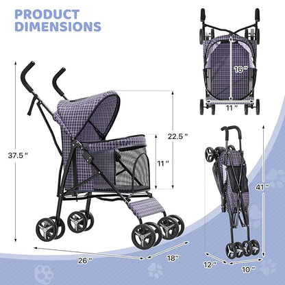 Magshion Compact Pet Stroller for Small-Medium Dogs/Cats up to 22lbs, 4-Wheel Lightweight Umbrella Shaped Portable Puppy Travel Jogger with Breathable Mesh &amp; Rear Storage, Plaid