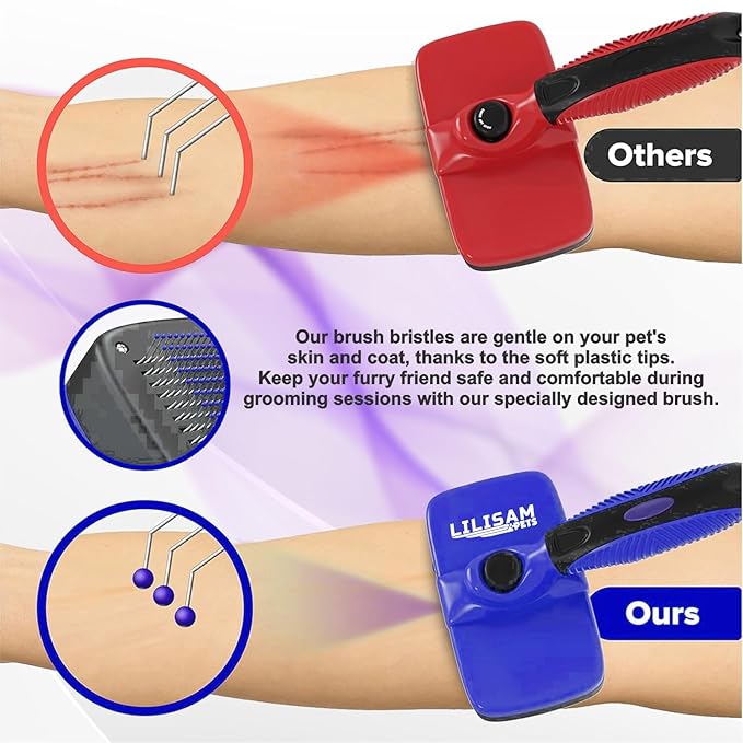 Pet Self Cleaning Slicker Brush and Grooming Comb - Gently Removes Loose Hair, Tangles, and Dirt - Skin Friendly Deshedding Grooming Tool for Hair Dogs &amp; Cats - Pet Supplies Accessories (Blue)