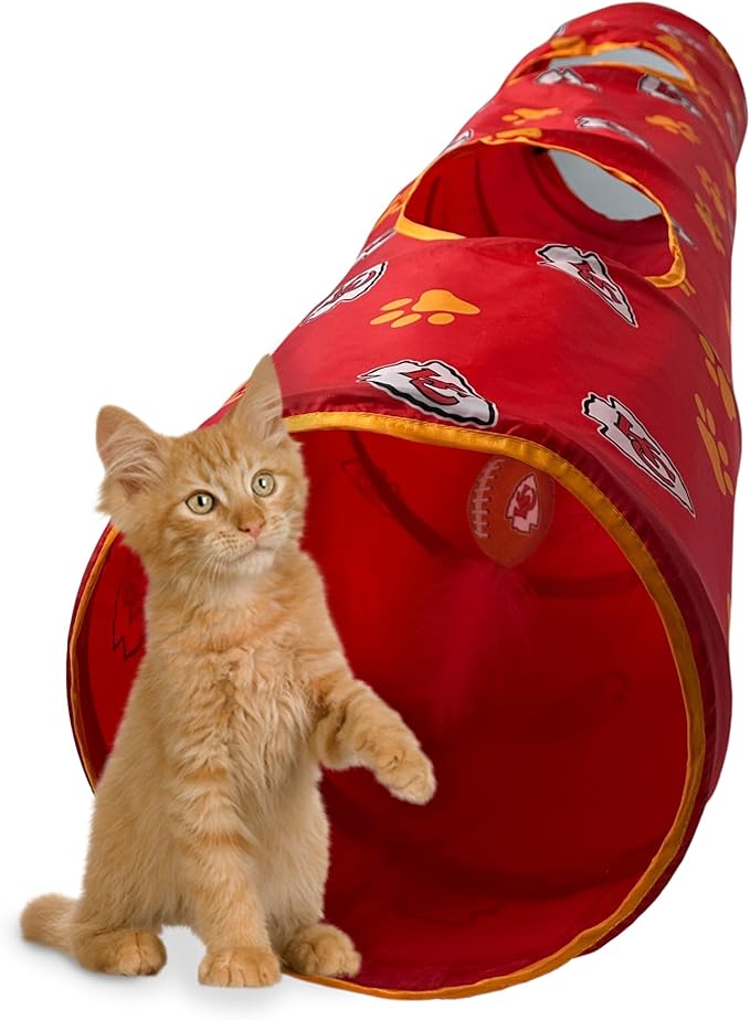 NFL Kansas City Chiefs Cat Tunnel Tube Toy with Plush Football Catnip and Feathers Collapsible Tunnel for Cats to Play, Peek and Hide, Sporty &amp; Fun Cat Tunnel Toy with Team Logo All-Over Design!