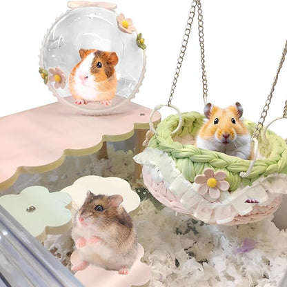 4-Pack Wooden Rat Cage Accessories - Platforms, Ladders &amp; Hammocks Set for Chinchillas, Hamsters, Gerbils (for Iron/Wooden, Acrylic Hamster Cages + Customizable Layout) (9.1x5.6x4.3)