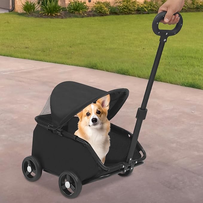 Small Dog Stroller, Pe4-Wheel Portable Dog &amp; Cat Stroller with Semi-Open Design, Foldable Pet Cart with Canopy for Small Dogs or Cats Weighing Less Than 15.43 Pounds (Black)