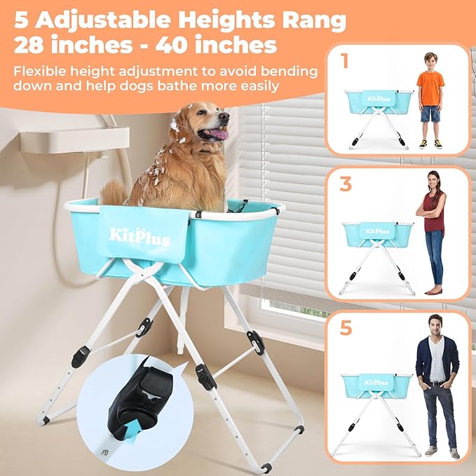 Elevated Portable Dog Bathtub, 5 Height Adjustable Dog Washing Station for Pet Shower and Grooming Foldable Bathing Tub with Storage &amp; Anti-Slip Design for Small Large Dogs Cats