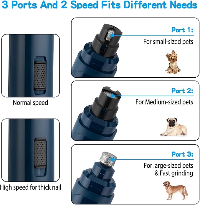 Casfuy Dog Nail Grinder Upgraded - Professional 2-Speed Electric Rechargeable Pet Nail Trimmer Painless Paws Grooming &amp; Smoothing for Small Medium Large Dogs &amp; Cats(Dark Blue)