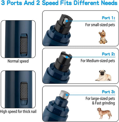 Casfuy Dog Nail Grinder Upgraded - Professional 2-Speed Electric Rechargeable Pet Nail Trimmer Painless Paws Grooming &amp; Smoothing for Small Medium Large Dogs &amp; Cats(Dark Blue)