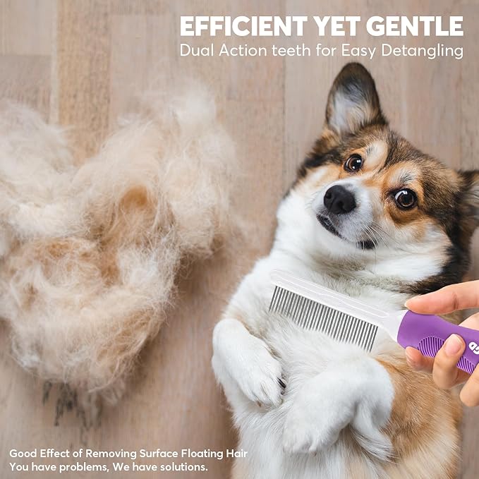 Detangling Pet Comb for Dogs &amp; Cats with Long &amp; Short Stainless Steel Metal Teeth for Removes Tangles and Knots - Detangler Grooming Tool for Dematting Matted Fur.