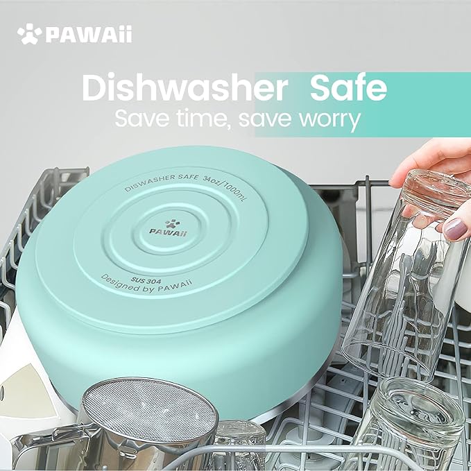 Pawaii Stainless Steel Dog Bowl with Non-Slip Rubber Base &amp; Double Wall Insulation - Durable Design | Includes ID Tag | Dishwasher Safe Food &amp; Water Bowl for All Dogs (34oz)
