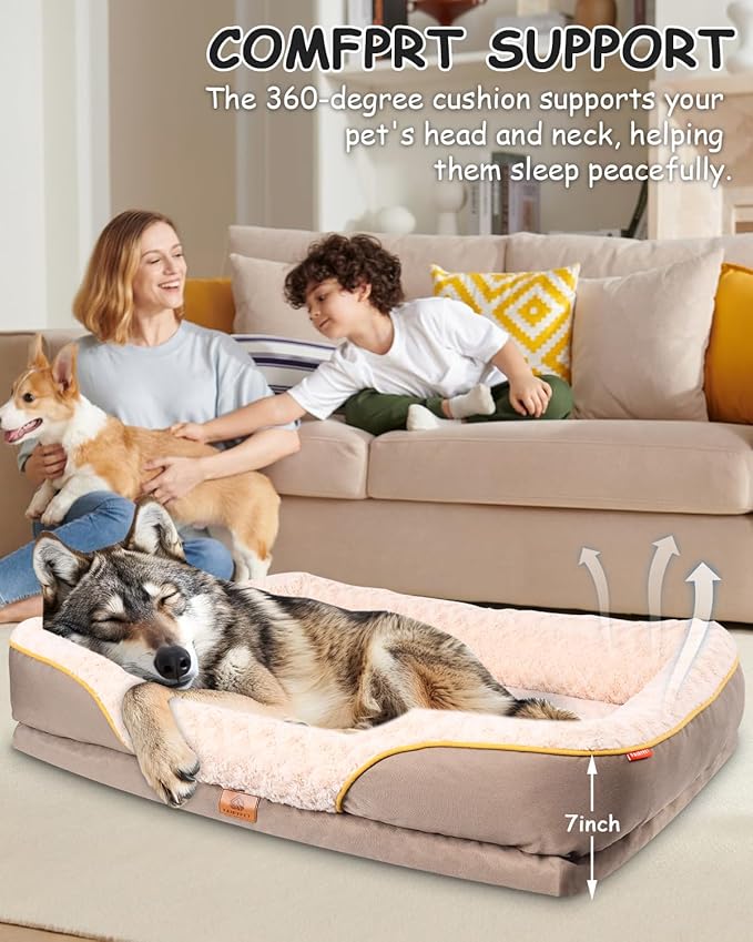 Washable Orthopedic Dog Bed for Large Dogs, Waterproof Dog Bed with Bolster, Big Couch Sofa Dogs Beds with Removable Cover &amp; Non-Slip Bottom