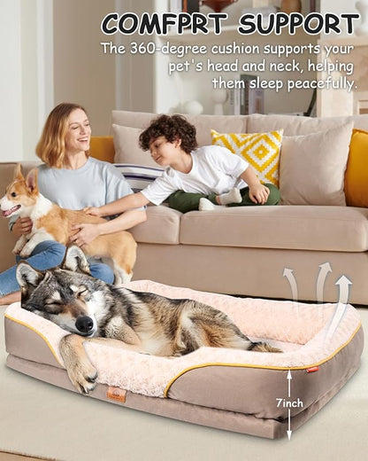 Washable Orthopedic Dog Bed for Large Dogs, Waterproof Dog Bed with Bolster, Big Couch Sofa Dogs Beds with Removable Cover &amp; Non-Slip Bottom