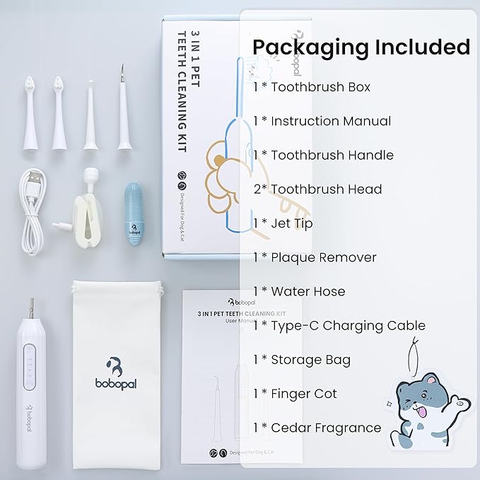 Dog Tooth Brushing Kit,3-in-1 Dog Teeth Cleaning Tools,Ultrasonic Electric Toothbrush &amp; Plaque Remover for Dogs with Water Flosser for Teeth,2 Modes &amp; 3 Intensity Levels,IPX7,1100mAh Battery