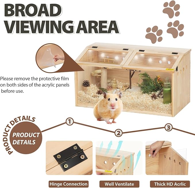 COZIWOW Wooden Hamster Cage, Large Hamster Habitats Enclosure with Acrylic Window &amp; Openable Top, (32" L x 16" W x 16" H) Small Animal Cage for Guinea Pig, Chinchilla, Gerbil