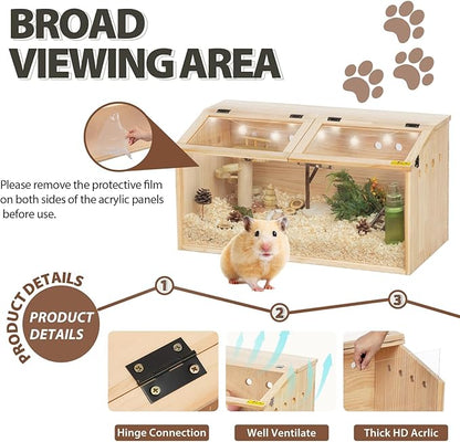 COZIWOW Wooden Hamster Cage, Large Hamster Habitats Enclosure with Acrylic Window &amp; Openable Top, (32" L x 16" W x 16" H) Small Animal Cage for Guinea Pig, Chinchilla, Gerbil