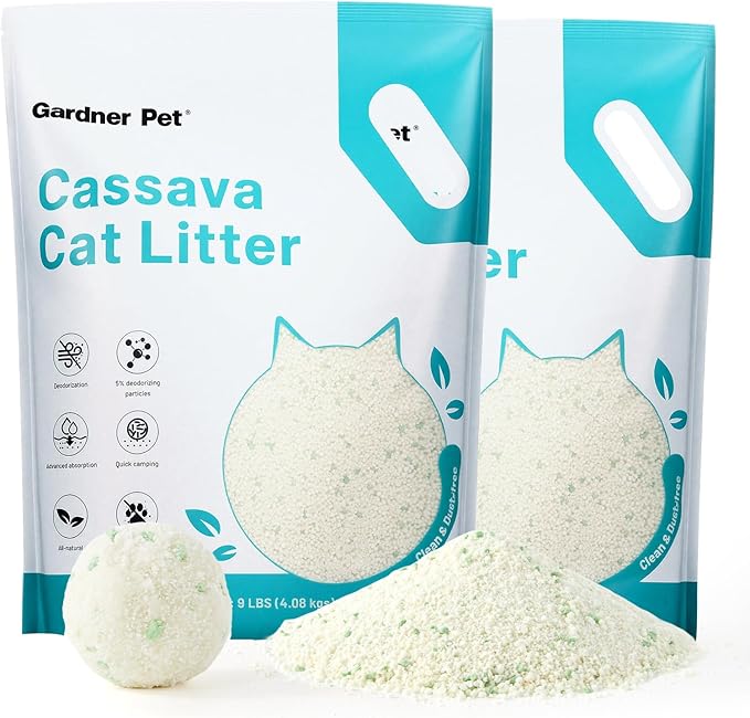 Gardner Pet Cassava Cat Litter, Clumping Cat Litter with Odor Control, Low Dust, Natural Plant-Based Litter, Fast Absorption &amp; Low Tracking Kitty Litter, Unscented with Deodorizing Pellets (9LBS*2)