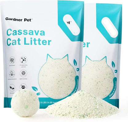 Gardner Pet Cassava Cat Litter, Clumping Cat Litter with Odor Control, Low Dust, Natural Plant-Based Litter, Fast Absorption &amp; Low Tracking Kitty Litter, Unscented with Deodorizing Pellets (9LBS*2)