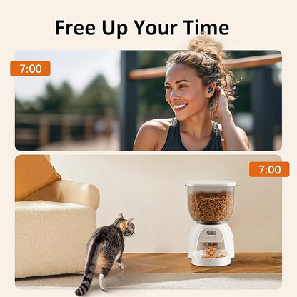 5L/21 Cup Automatic Cat Feeder, Timed Cat Food Dispenser, Automatic Pet Feeders Up to 6 Meals 1-20 Portion, Dual Power Supply Cats Feeder with Stainless Steel, Pet Dry Food Dispenser for Cats &amp; Puppy