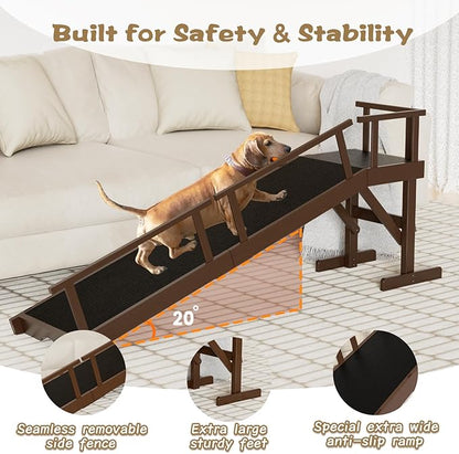 61" Dog Ramp for Bed, Pet Ramp with Removable Side Rail and Non-Slip Surface, Pet Ramp for Small &amp; Large &amp; Senior Dogs with Rest Platform and DIY Glow Strips,Dog Stairs for Couch, Brown