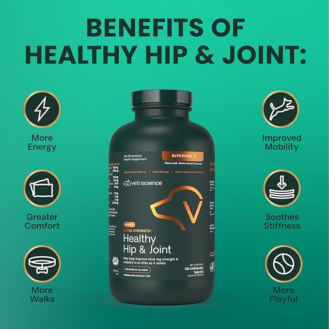 VetriScience Glycoflex 3 Clinically Proven Hip and Joint Supplement for Dogs - Maximum Strength Dog Supplement with Glucosamine, MSM, Green Lipped Mussel &amp; DMG - 120 Chewable Tablets, Chicken Flavor