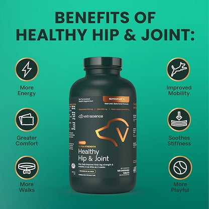 VetriScience Glycoflex 3 Clinically Proven Hip and Joint Supplement for Dogs - Maximum Strength Dog Supplement with Glucosamine, MSM, Green Lipped Mussel &amp; DMG - 120 Chewable Tablets, Chicken Flavor