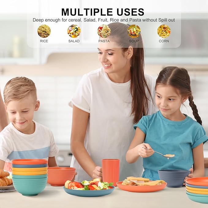 HOTEC 20-Pack Unbreakable Kitchen Plastic Wheat Straw Dinnerware Set – BPA-Free Plates, Bowls &amp; Cups | Lightweight, Microwave &amp; Dishwasher Safe | Multicolor Reusable Tableware for Home &amp; Outdoor Use