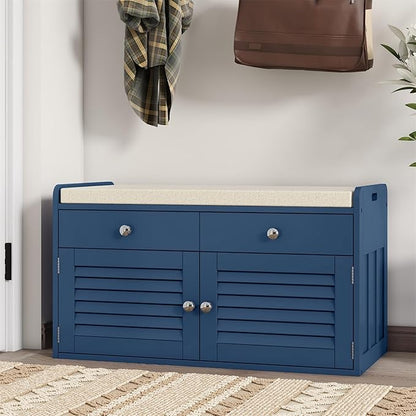 Shoe Storage Bench with 2 Drawers &amp; 2 Doors, Entryway Bench with Cushion, 2 Adjustable Shelves, Shoe Cabinet for Entryway, Living Room, Hallway, Mudroom, Bedroom, Blue