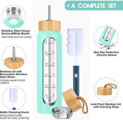 32 oz Glass Water Bottle with Straw - Motivational Time Marker &amp; Silicone Sleeve - Reusable Tumbler Includes 2 Bamboo Lids &amp; Fruit Infuser - 1 Pack