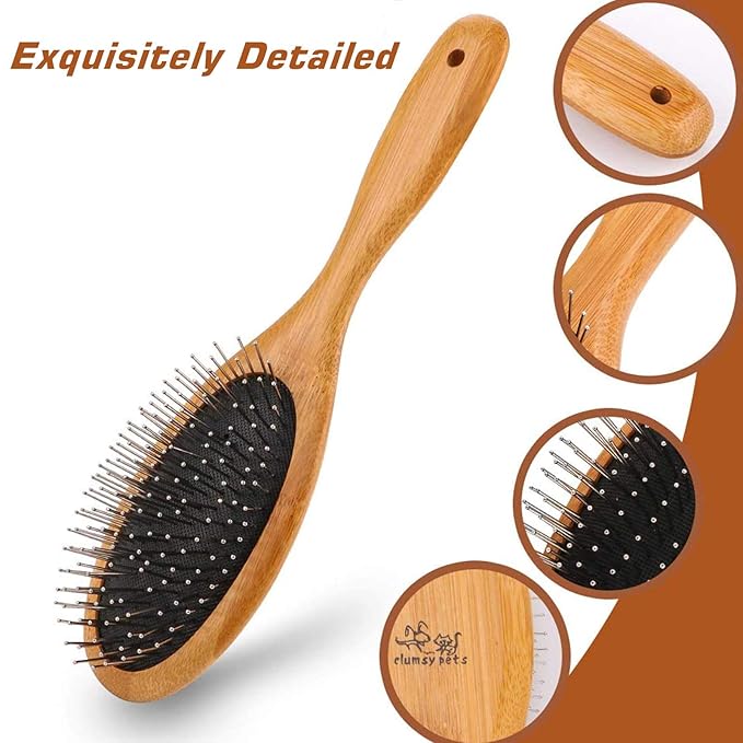 ClumsyPets Dog &amp; Cat Ball Pin Slicker Grooming Brush with Bamboo Handle for Pets Massage Bath and Removes Mats Loose Fur Hairs
