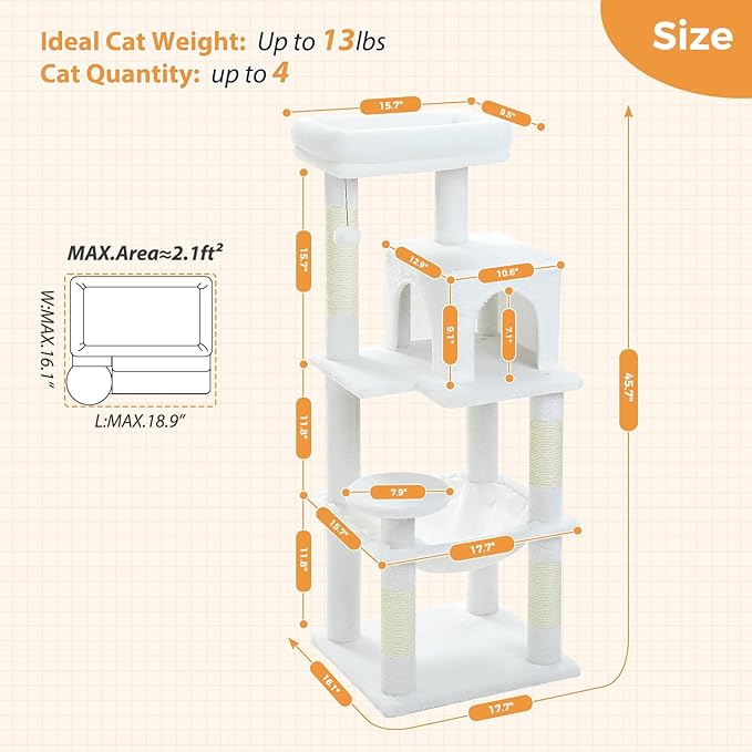 PETEPELA 45.7" Cat Tree for Large Cats, 5-Level Cat Tower for Indoor Cats with Large Hammock (17.3"x15.3"), Cat Condo with (18.5"x13") Big Top Perch &amp; 4 Sisal Covered Scratching Post, White