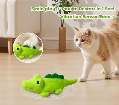 Interactive Cat Toys for Indoor Cats - Automatic Moving Cat Chase Toy for Bored Indoor Adult Cats - 360° Random Movement, Tail Wagging &amp; Catnip Stimulation - Electric Croc(Short Plush)