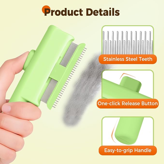 Pet Hair Removal Comb Flea Combs for Cats and Dogs, Pet Flea Comb Grooming Brush with One-Click Release Button, Dog Cat Deshedding Brush for Short &amp; Long Hair (Blue &amp; Green)