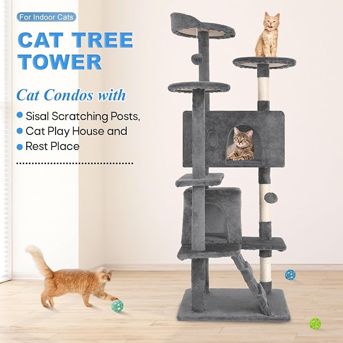 FDW Cat Tree 54in Cat Tower Multi-Level Durable Cat Scratching Post &amp; Cozy Fun Cat Jumping Platform Space Saving Cat Condo Pet Play House for Indoor Cats,Light Gray