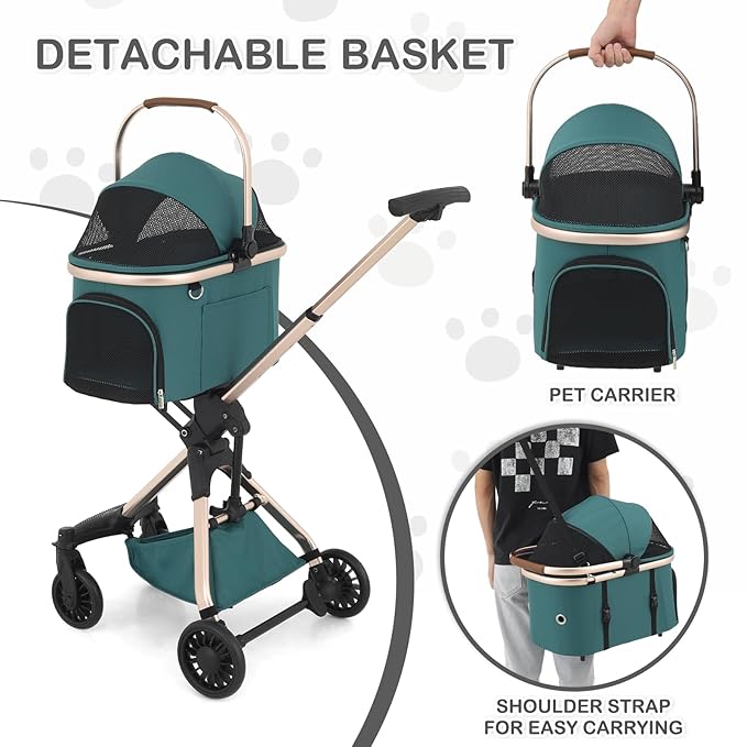 MoNiBloom 3 in 1 Pet Stroller with Adjustable Handle, Jogging Stroller w/Detachable Carrier &amp; Lightweight Aluminum Frame for Dogs Cats, Hunter Green