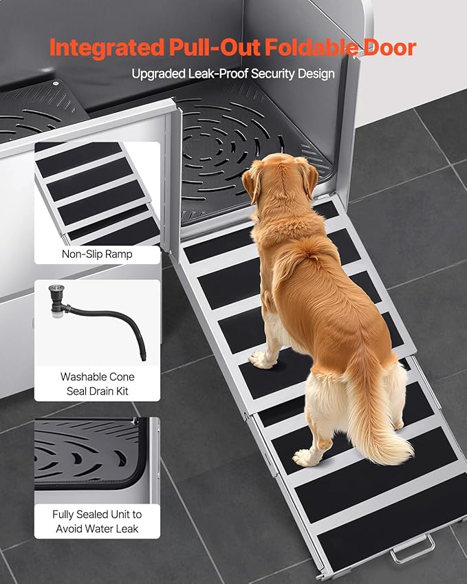 VEVOR Professional 304 Stainless Steel Dog Bathing Station, 50 inch Pet Grooming Tub w/Anti-Slip ramp, Storage Drawer, Cold Hot Faucet Showerhead, for Large &amp; Medium &amp; Small (Right Door, with Drawer)
