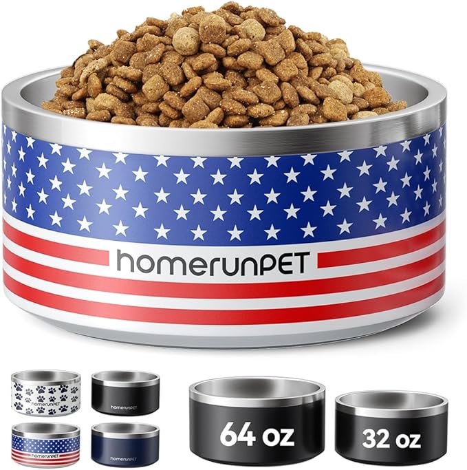 Homerunpet Double Wall Stainless Steel Dog Bowls, Non-Slip Base, Dishwasher Safe, Durable Pet Food &amp; Water Bowl for Dogs &amp; Cats(32oz, American Flag)
