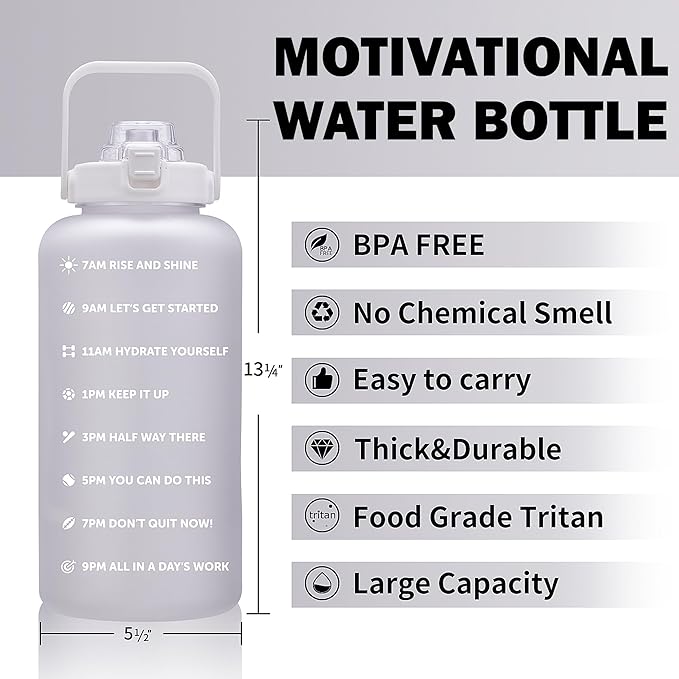 64oz,100oz,128oz Large Motivational Water Bottle with Time Marker, Leakproof &amp; BPA Free Half Gallon Big Water Bottle with Straw Handle Tritan Frosted Water Jug for Gym,Fitness,Outdoor Sports