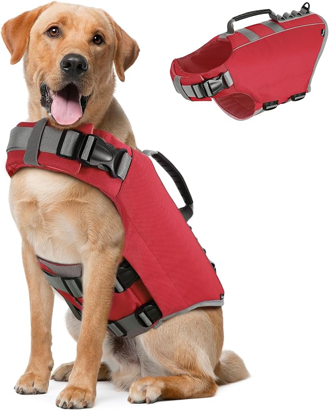 Pawaboo Dog Life Jacket, Reflective Dog Safety Vest Adjustable Pet Life Preserver with Strong Buoyancy &amp; Sturdy Rescue Handle, Ripstop Dog Lifesaver Vests for Swimming, Boating, XL, Red