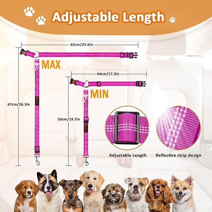 Removable Dog Seat Belt Harness for Car, 3 in 1 Pet Dog Car Seatbelt Leash, Retractable Restraint Secures to Vehicle Headrest &amp; Adjustable Reflective Bungee Dog Seatbelt Tether, Rose and Black