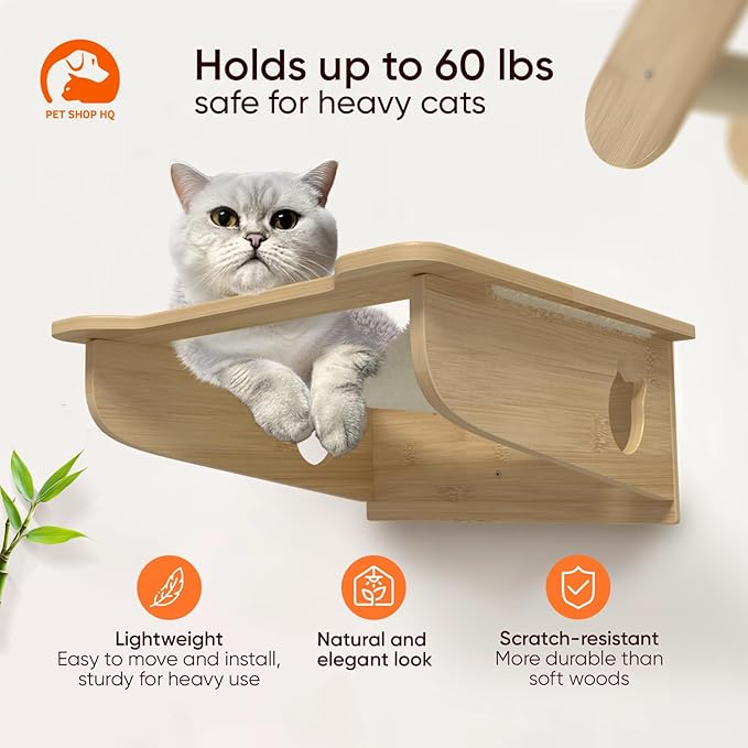 Cat Wall Furniture Set - Bamboo Shelves, Ladders, Cat House, Hammock &amp; More - Space-Saving, Easy Installation, Up to 60lbs