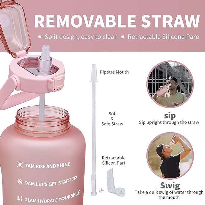 64oz,100oz,128oz Large Motivational Water Bottle with Time Marker, Leakproof &amp; BPA Free Half Gallon Big Water Bottle with Straw Handle Tritan Frosted Water Jug for Gym,Fitness,Outdoor Sports