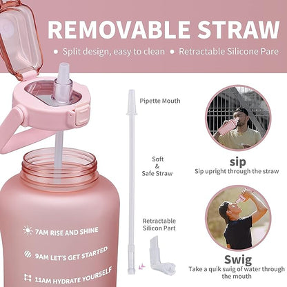 64oz,100oz,128oz Large Motivational Water Bottle with Time Marker, Leakproof &amp; BPA Free Half Gallon Big Water Bottle with Straw Handle Tritan Frosted Water Jug for Gym,Fitness,Outdoor Sports