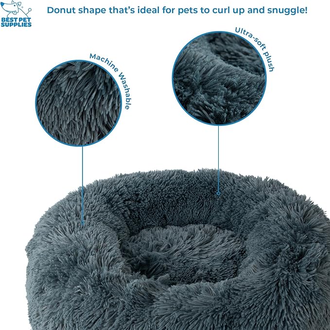 Best Pet Supplies Round Donut Dog Bed with Plush Faux Fur Fabric, Calming, Anti-Anxiety Cushion for Indoor Pets, Slip-Resistant Base, Soft Ergonomic Support - Gray, 30x30x8&