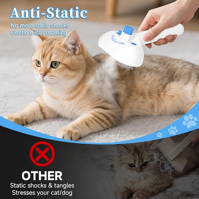 Pet Steam Brush for Dog &amp; Cat - 3-in-1 Steam Grooming Brush for Shedding &amp; Hair Removal - Self Cleaning Spray Comb with Mist for Long Haired Pets, Blue