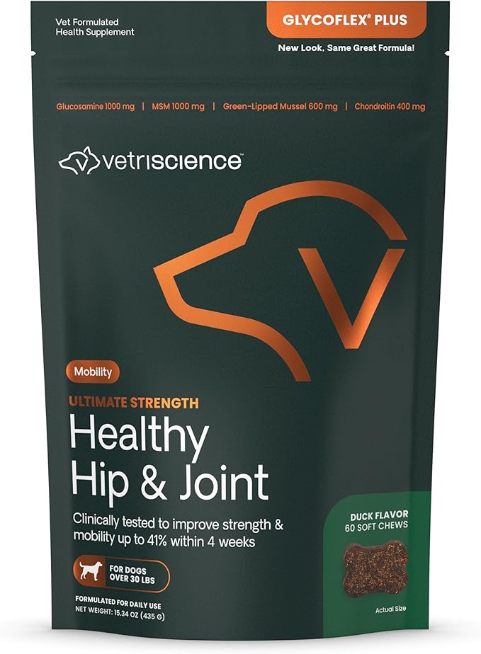 VetriScience Ultimate Strength Healthy Hip &amp; Joint Chews, GlycoFlex Glucosamine, Chondroitin and Green-Lipped Mussel Joint Support Supplement for Dogs, Soothe Joint Discomfort, Duck, 60 Count