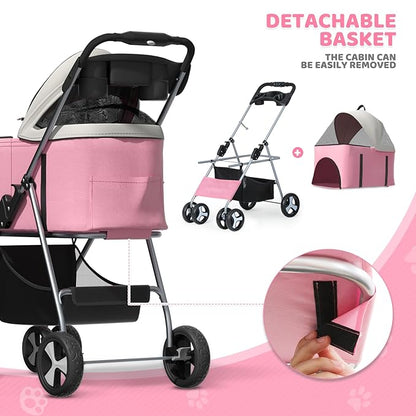 Magshion Foldable Pet Stroller, 3-in-1 Dog Travel Jogger with Detachable Carrier, Cup Holder, Storage Basket, Folding Carrier for Small/Medium Dogs &amp; Cats Up to 33 lbs, Pink